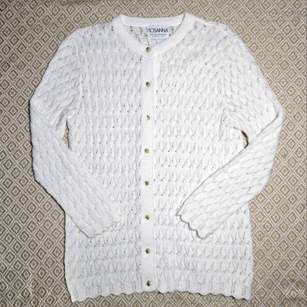 Vintage ROSANNA Button up Knit Cardigan in Ivory with Scallop Hem
